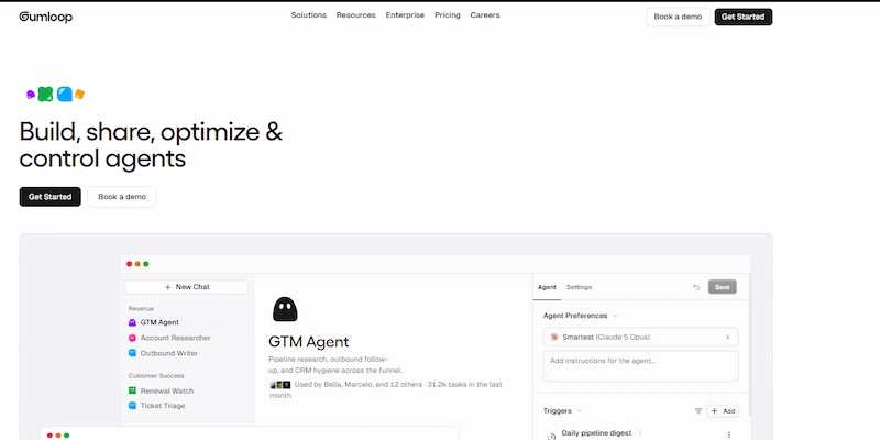 Gumloop homepage showing its agent builder interface for no-code AI workflows