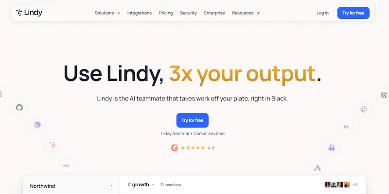 Lindy homepage showing its AI teammate that runs tasks inside Slack