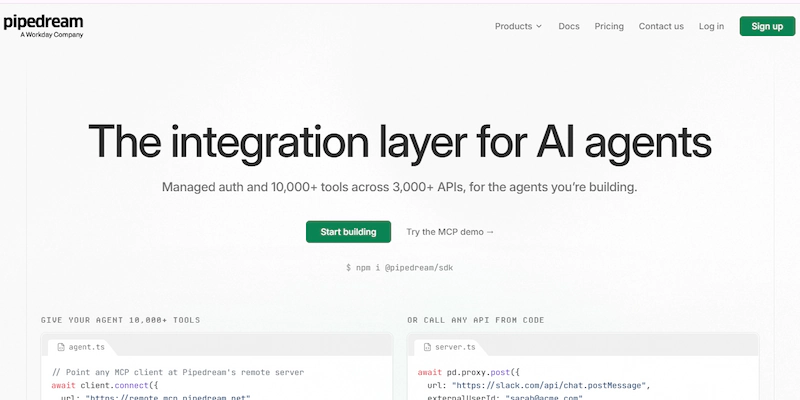 Pipedream homepage describing its integration layer for AI agents and APIs