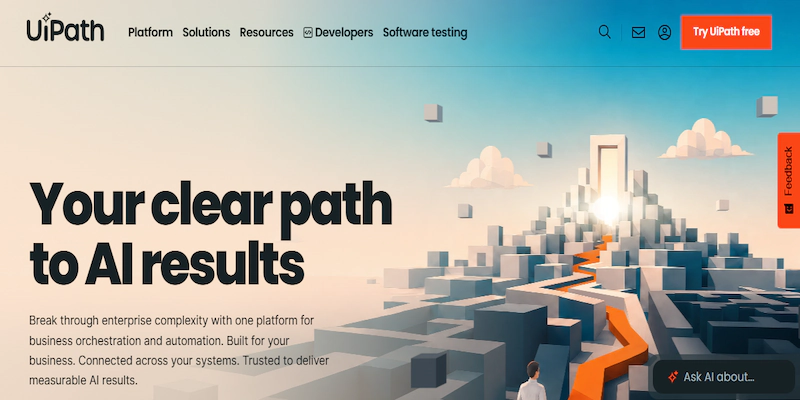 UiPath homepage showing its enterprise AI automation platform