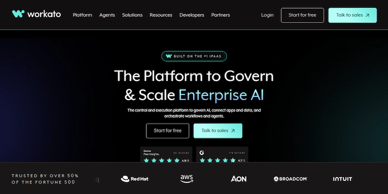 Workato homepage showing its enterprise AI governance and orchestration platform