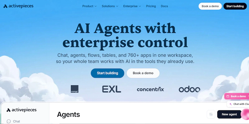 Activepieces homepage showing its open-source AI agent and flow builder