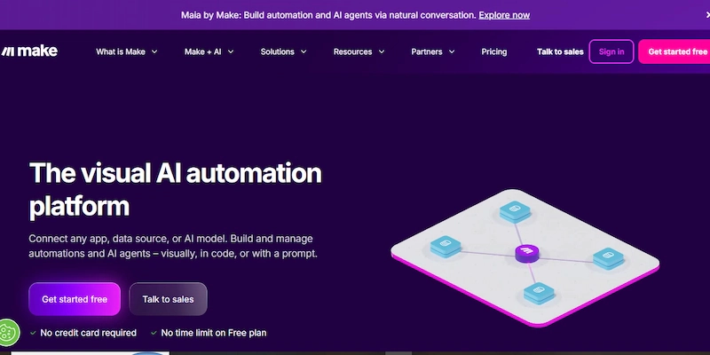 Make homepage showing its visual AI automation platform and scenario builder