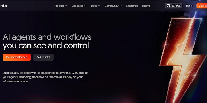 n8n homepage showing its visual AI agent and workflow builder with self-hosting