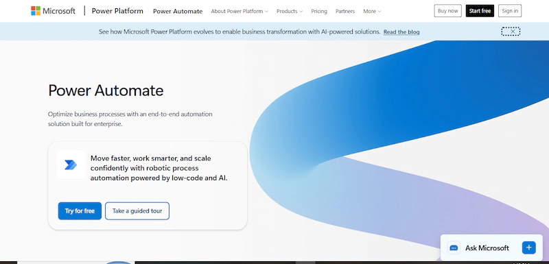 Microsoft Power Automate homepage showing its low-code enterprise RPA platform