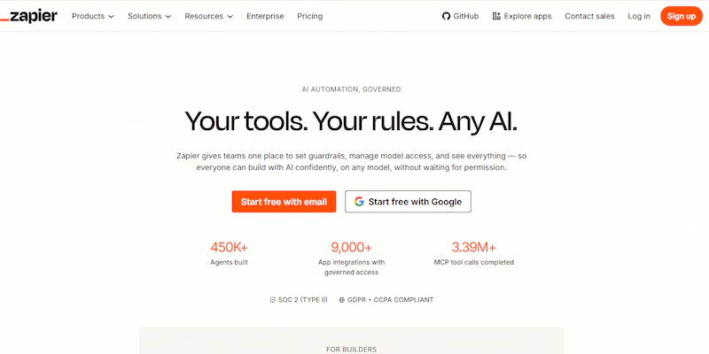 Zapier homepage showing governed AI automation across 9,000 app integrations